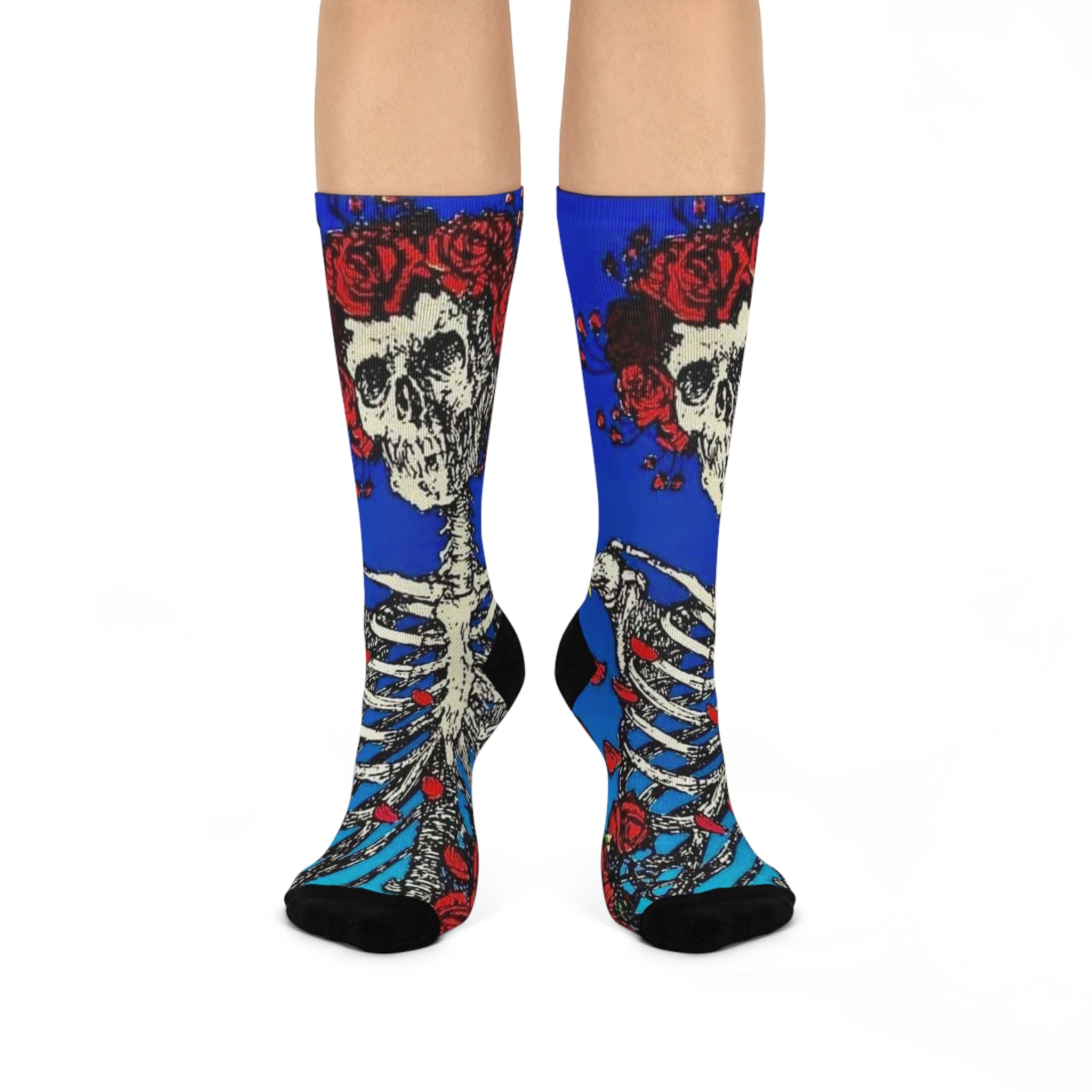 Grateful Dead Skeleton with Red Roses Crew Socks | Floral Skull Socks, Blue Gothic Hosiery