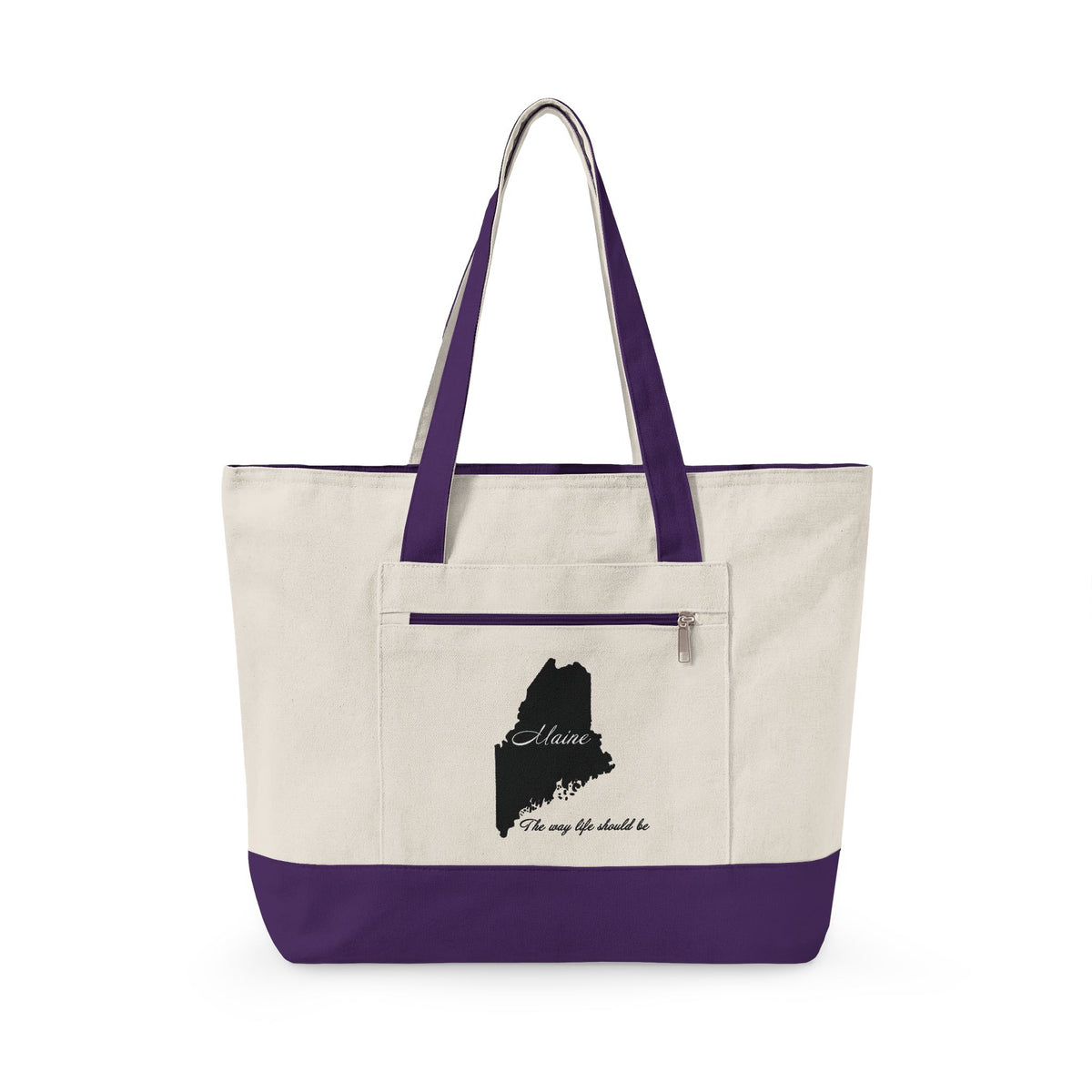 Maine State Silhouette Zippered Canvas Tote | Maine map, coastline script