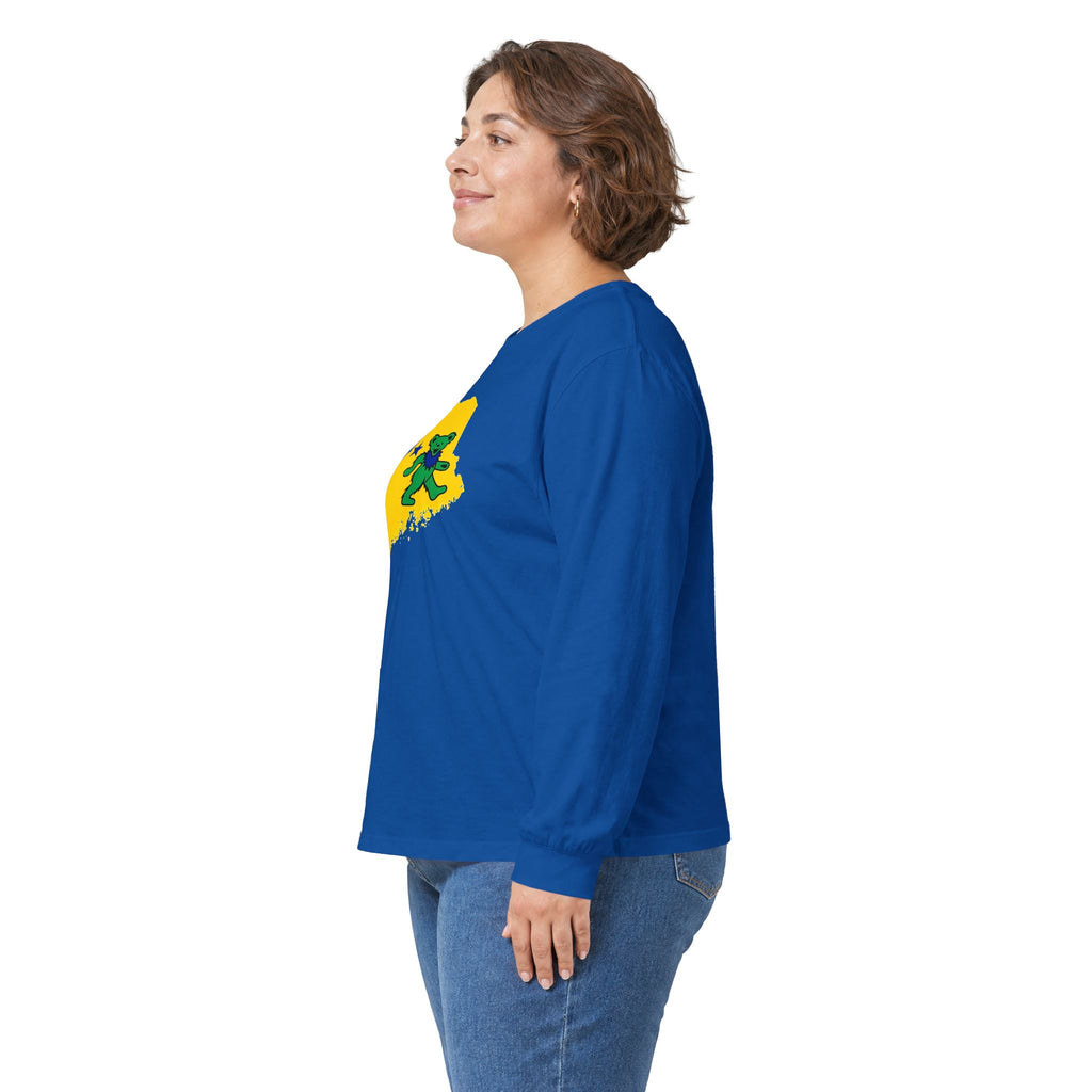 Maine Grateful Dead Bear Long Sleeve Tee — Retro Dancing Bear on Yellow State Silhouette