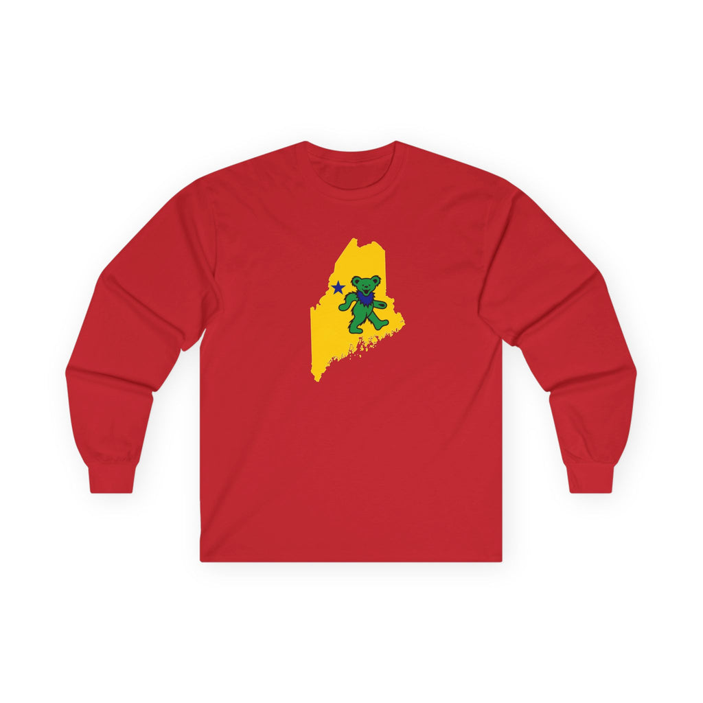 Maine Grateful Dead Bear Long Sleeve Tee — Retro Dancing Bear on Yellow State Silhouette