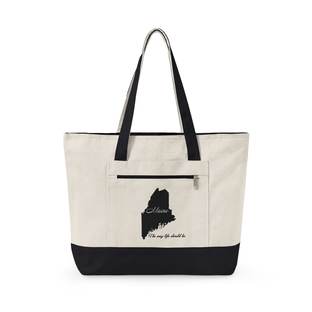 Maine State Silhouette Zippered Canvas Tote | Maine map, coastline script
