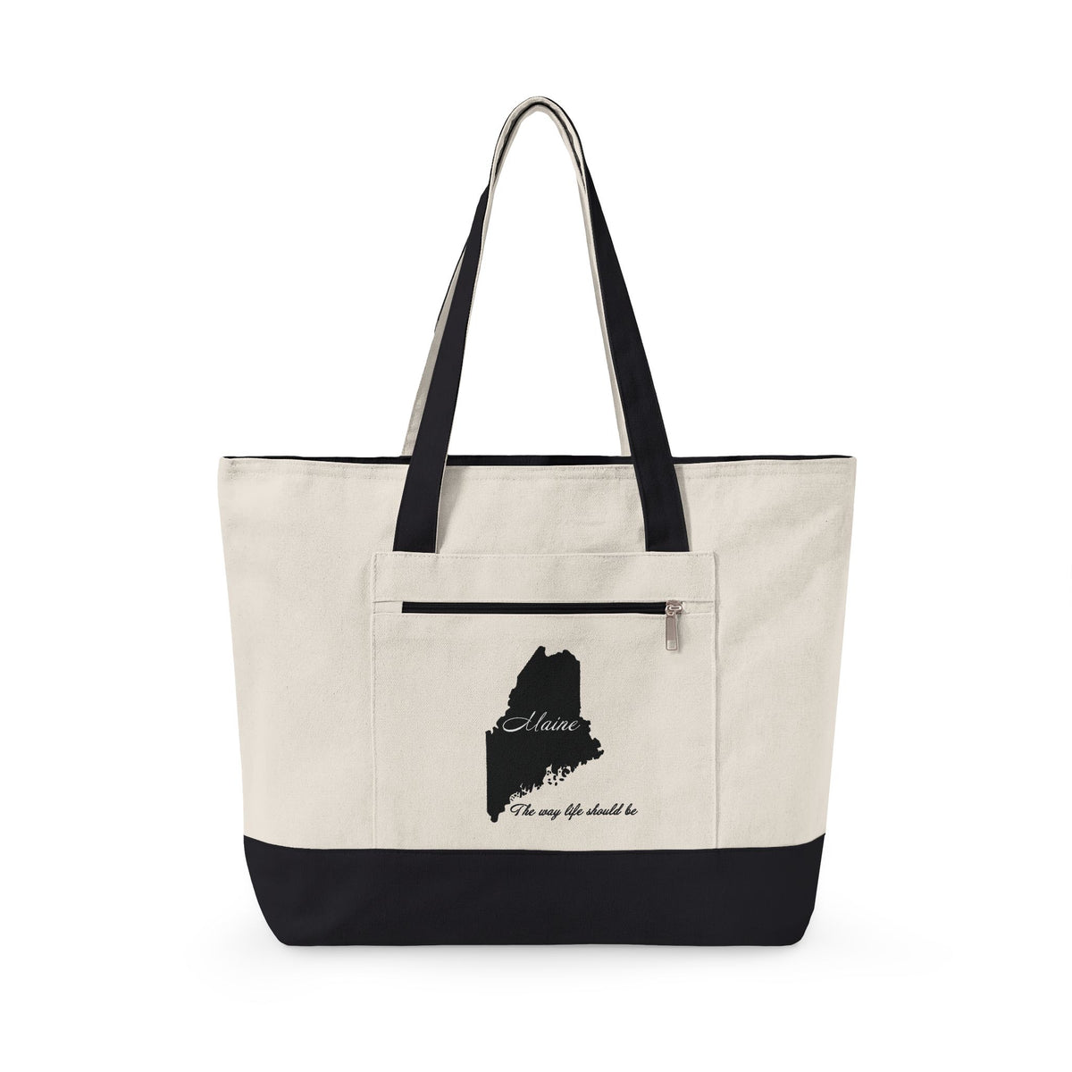 Maine State Silhouette Zippered Canvas Tote | Maine map, coastline script