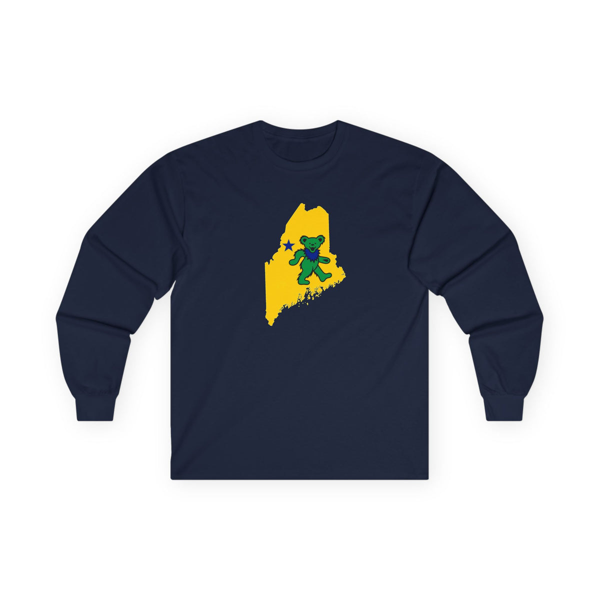Maine Grateful Dead Bear Long Sleeve Tee — Retro Dancing Bear on Yellow State Silhouette